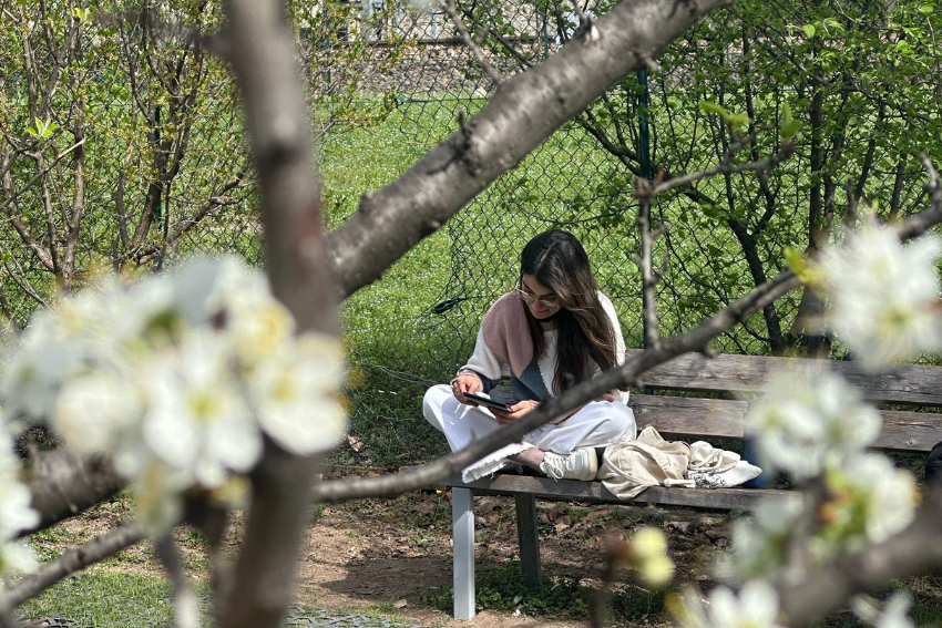 Mujer terapeuta de El Diván Rojo sentada en un banco de madera, leyendo en calma, rodeada de árboles en flor dentro de un jardín, representando introspección, conexión con la naturaleza y el enfoque humano de la terapia informada en trauma.