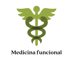 Símbolo de la medicina funcional con un caduceo en tonos verdes y el texto "Medicina funcional".