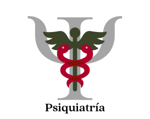 Símbolo de la psiquiatría con la letra psi (Ψ) y el caduceo médico, acompañado del texto "Psiquiatría".